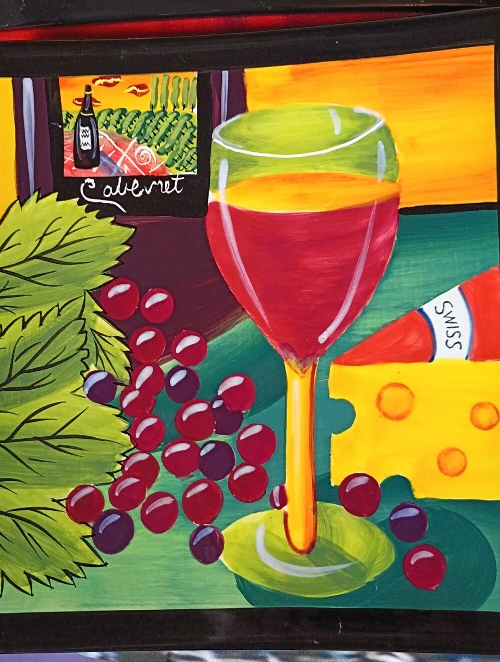 Wine & Cheese Kitchen Art Plate - Red, Green, Yellow